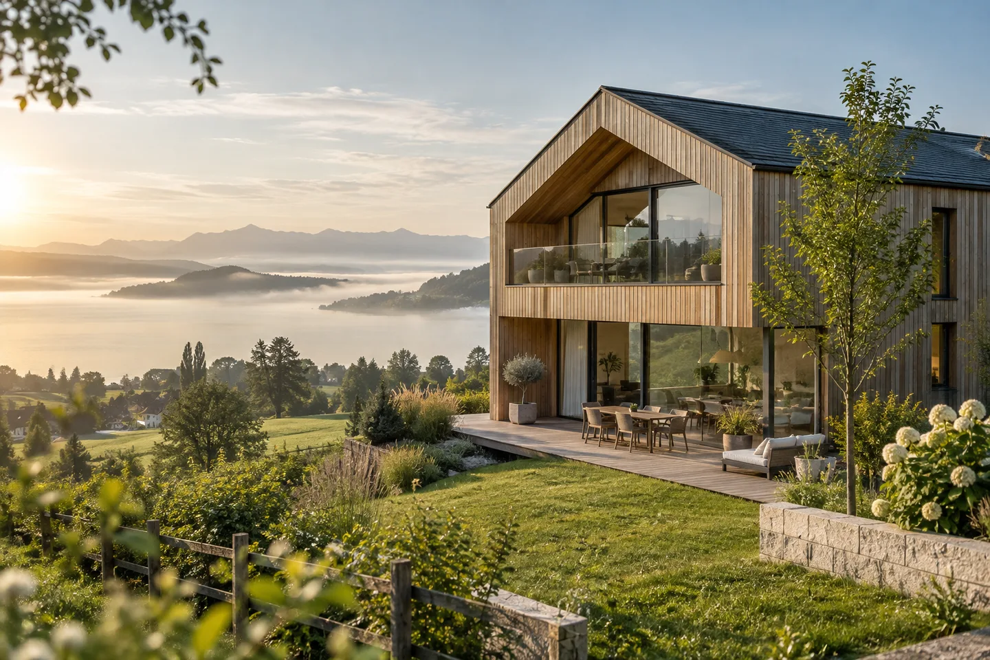 Baufiline Baufinanzierung – Baufiservice Zeitgemäßes Holzhaus vor grünen Hügeln am Bodensee.