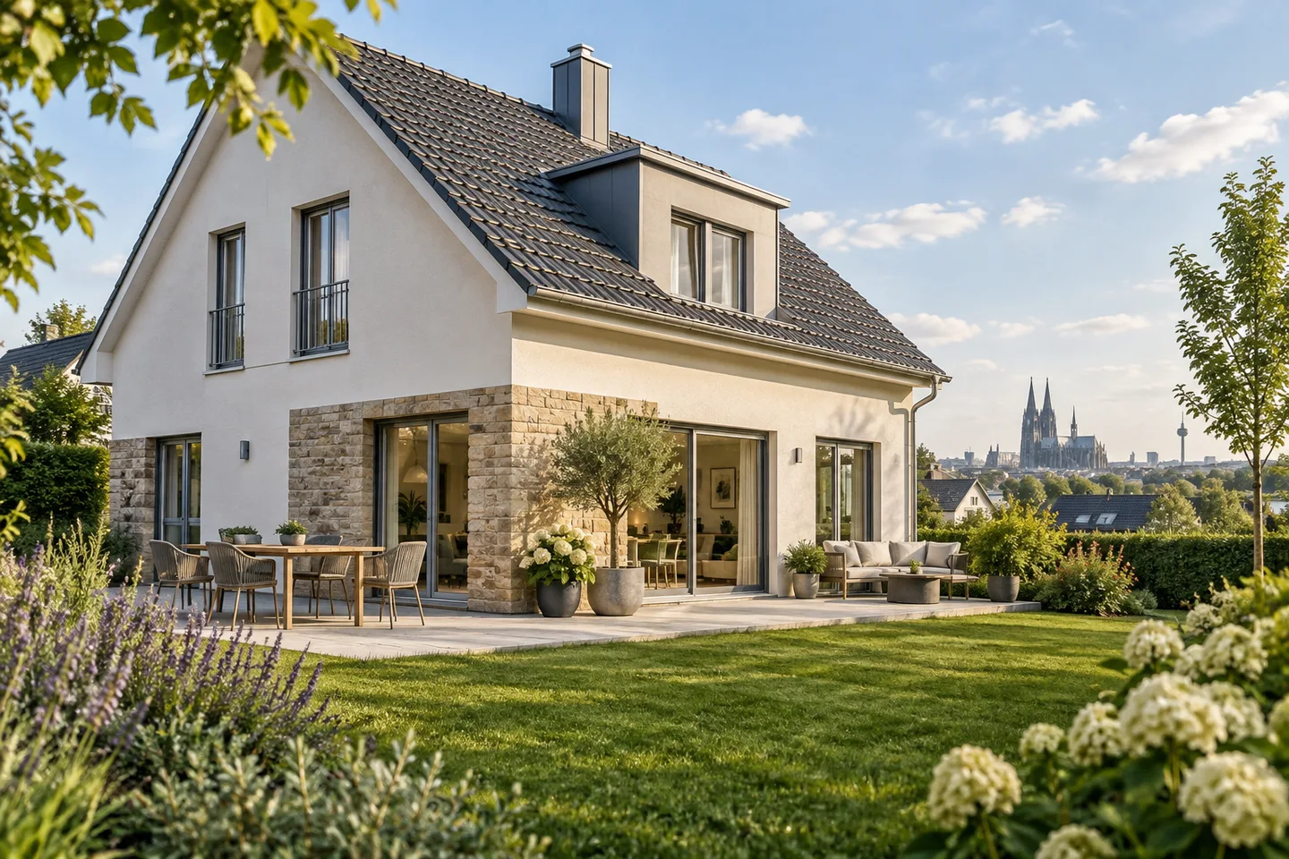 creditweb Baufinanzierung – Bankvergleich Helles Einfamilienhaus mit großzügigem Garten und Natursteinakzenten.