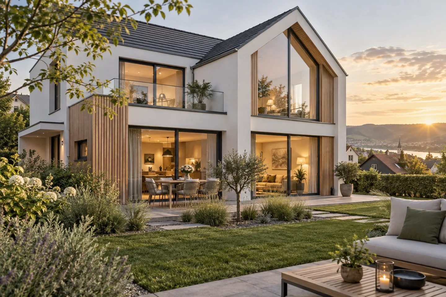 Modernes Einfamilienhaus mit Holzfassade und Garten im warmen Abendlicht.
