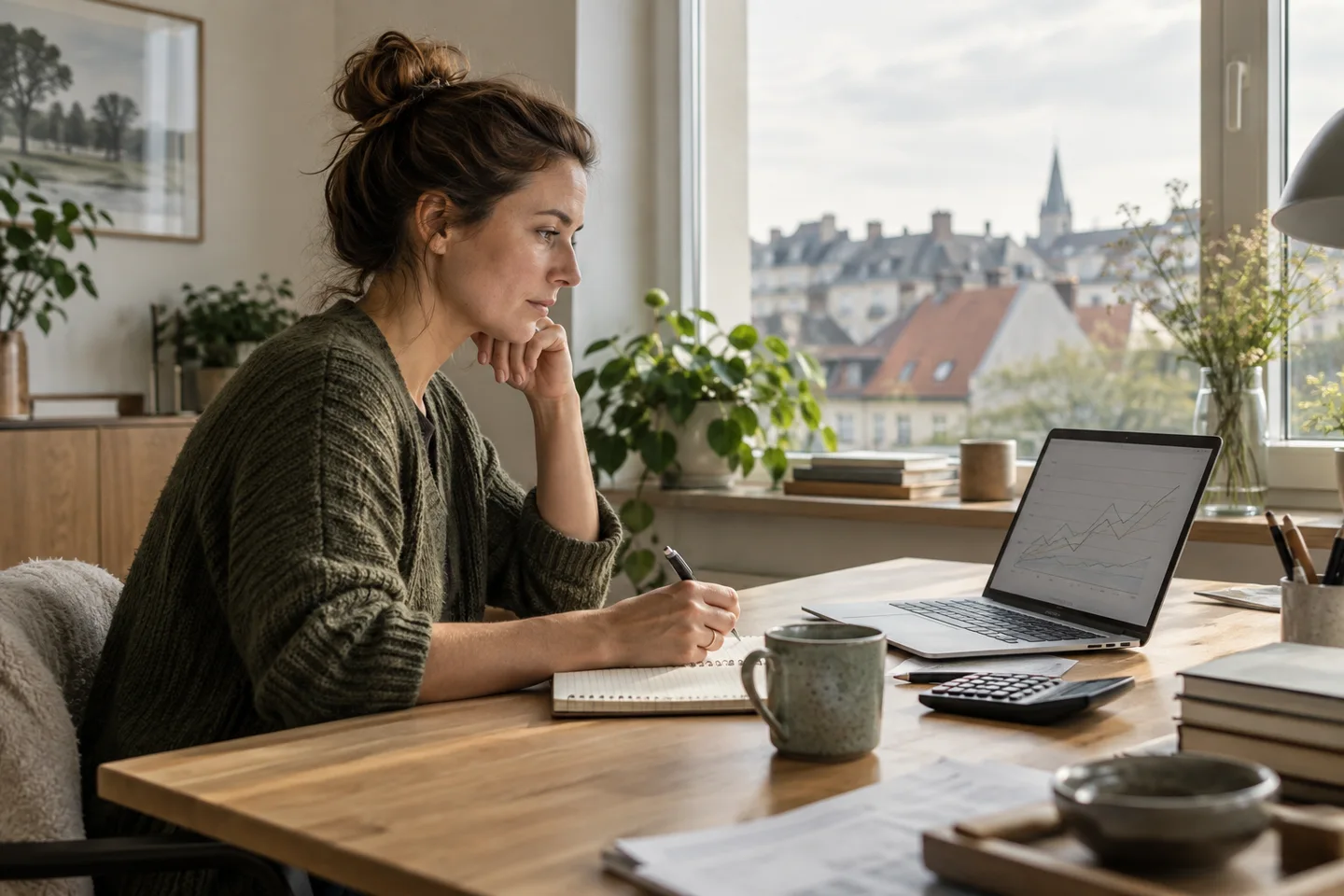 Bauzinsen 2026: Bundesbank-Daten und Angebotsvergleich – Ein Laptop mit einer schematischen Kurve steht im Büro vor einem Fenster mit Blick auf Hausdächer. Ein Laptop mit einer schematischen Kurve steht im Büro vor einem Fenster mit Blick auf Hausdächer.