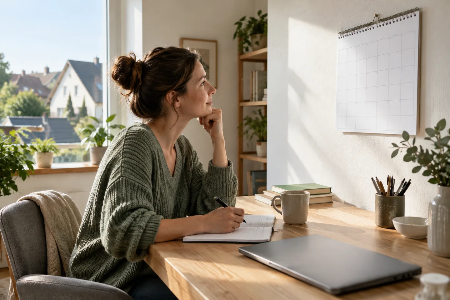 Forward-Darlehen: Zinssicherung, Aufschlag und Abnahmerisiko – Eine Frau plant an einem hellen Schreibtisch mit Kalender und Finanzierungsunterlagen. Eine Frau plant an einem hellen Schreibtisch mit Kalender und Finanzierungsunterlagen.