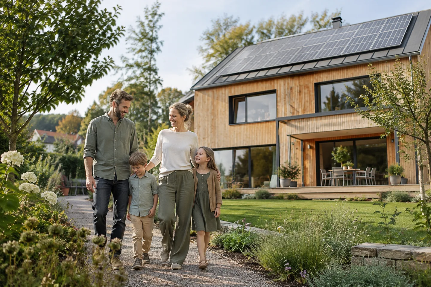 KfW-Förderung für Hauskauf, Neubau und Sanierung – Familie vor einem Holzhaus mit Solarmodulen als Motiv für energieeffizientes Wohneigentum KfW-Förderung für Wohneigentum: Eine Familie steht vor einem modernen Holzhaus mit Solarmodulen auf dem Dach.
