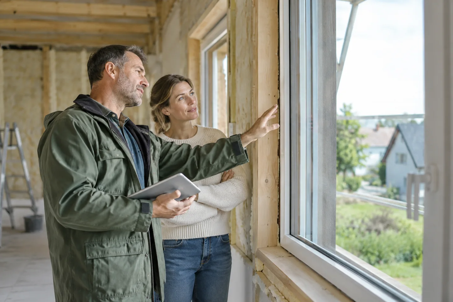 Modernisierung finanzieren 2026: Sanierungsplan, KfW und BAFA – Ein Energieberater prüft mit einer Hauseigentümerin neue Fenster in einem renovierten Raum. Ein Energieberater prüft mit einer Hauseigentümerin neue Fenster in einem renovierten Raum.