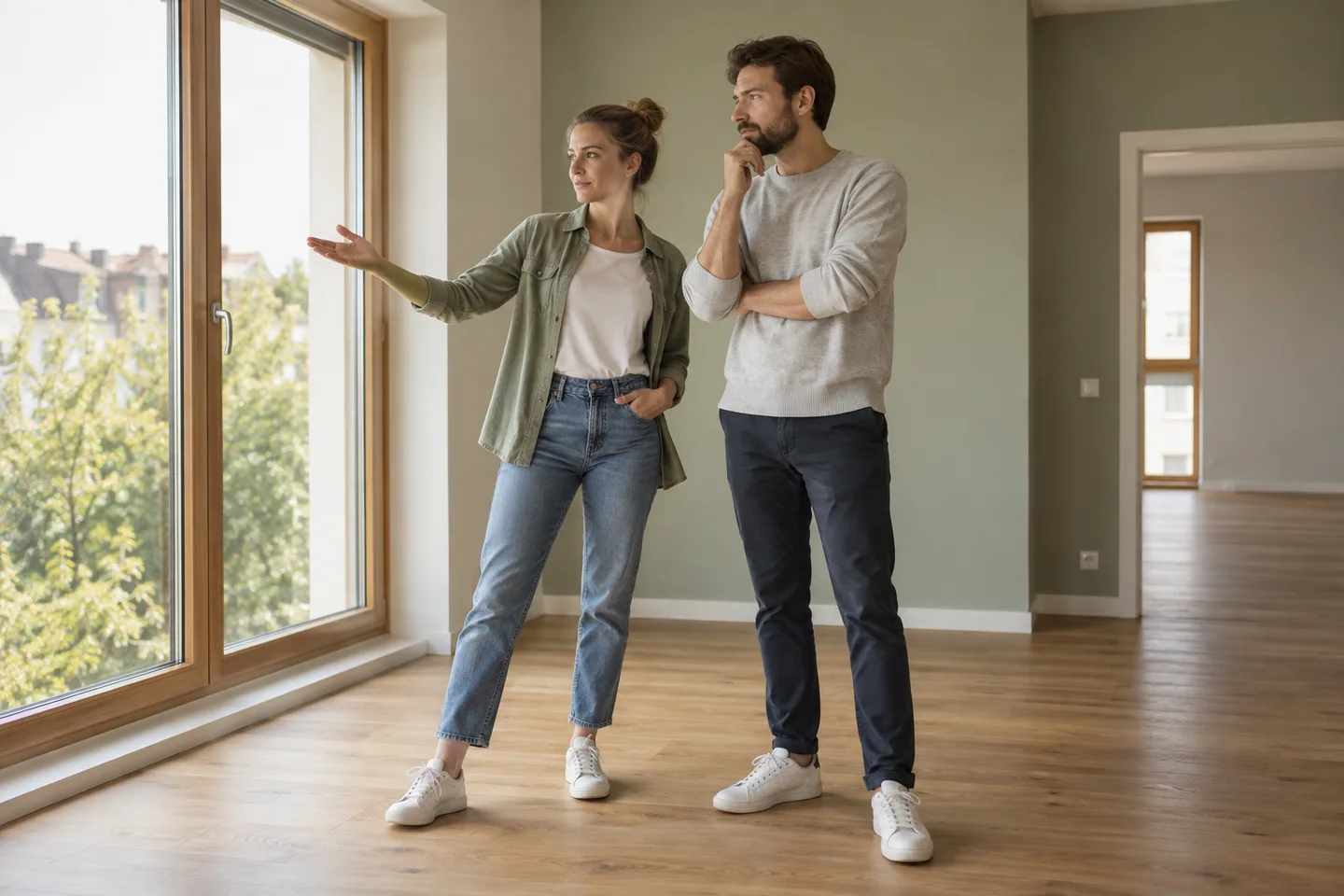 Baufinanzierung ohne Eigenkapital: 100- und 110-Prozent-Modell – Ein junges Paar bespricht in einer leeren Wohnung seine Kaufplanung. Ein junges Paar bespricht in einer leeren Wohnung seine Kaufplanung.