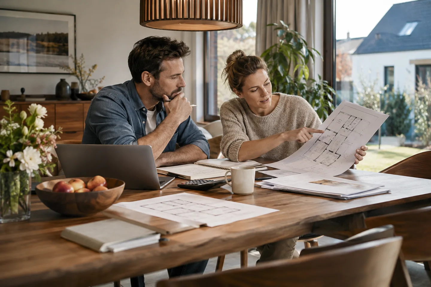 300.000 Euro Baufinanzierung – Ein Paar vergleicht den Kaufpreis einer Immobilie mit seinem Finanzierungsbudget. Welche Monatsrate kostet ein Immobilienkredit über 300.000 Euro? Beispiele zur Tilgung, zur Restschuld nach zehn Jahren und zu zusätzlichen Hauskosten. 300.000 Euro Baufinanzierung: Ein Paar vergleicht den Kaufpreis einer Immobilie mit seinem Finanzierungsbudget.