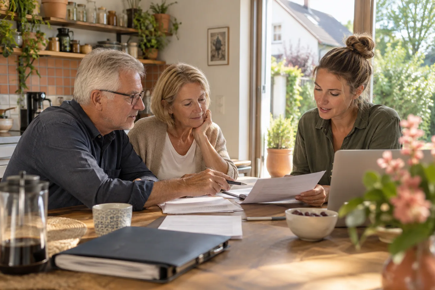 Baufinanzierung der Eltern übernehmen: Zwei Generationen besprechen die Übergabe eines Wohnhauses.