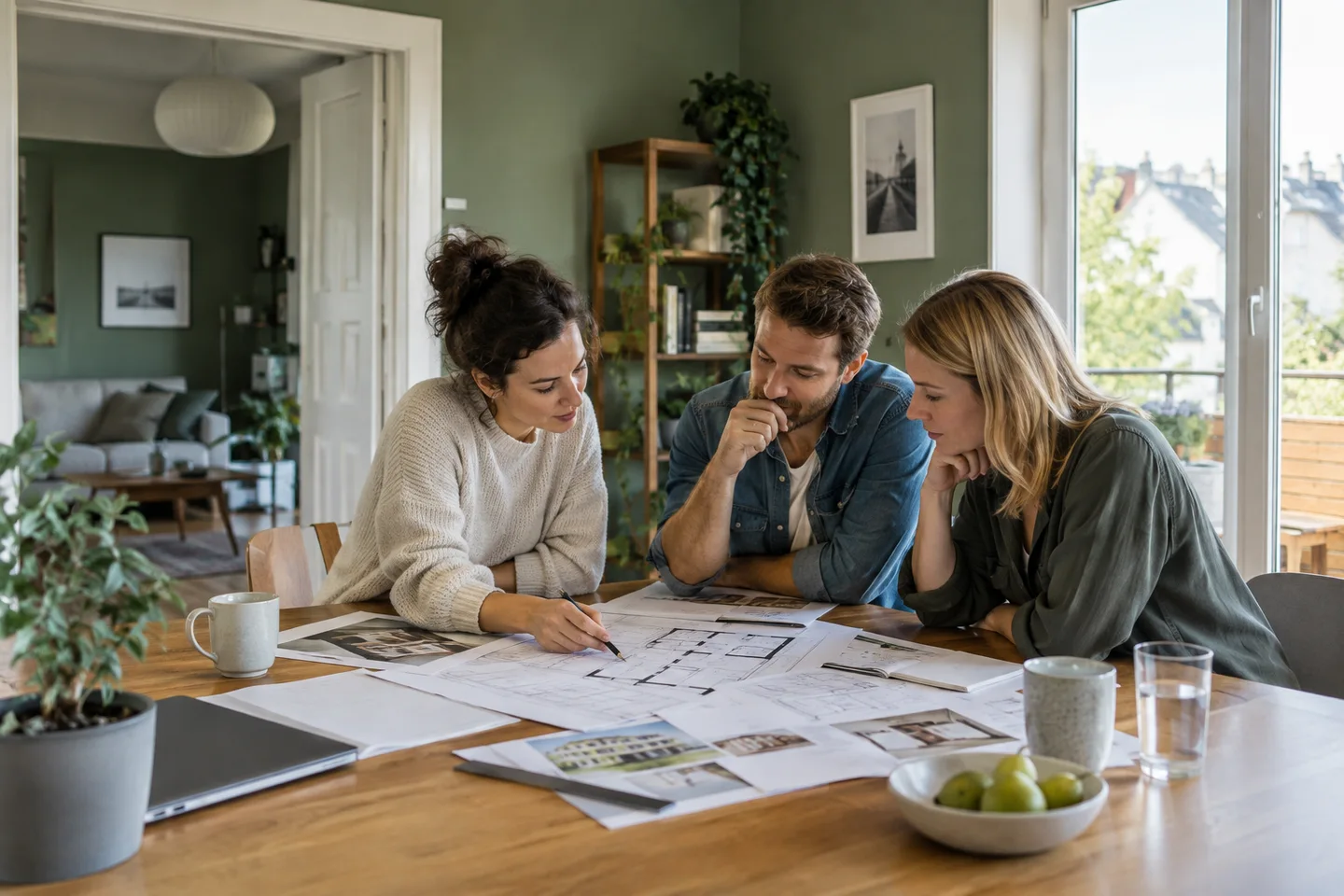 Baufinanzierung mit drei Kreditnehmern – Mehrere Erwachsene besprechen den gemeinsamen Kauf einer Immobilie. Baufinanzierung mit drei Personen: Welche Banken die Konstellation prüfen und wie sich Haftung, Eigentumsanteile und ein späterer Ausstieg regeln lassen. Baufinanzierung mit drei Kreditnehmern: Mehrere Erwachsene besprechen den gemeinsamen Kauf einer Immobilie.