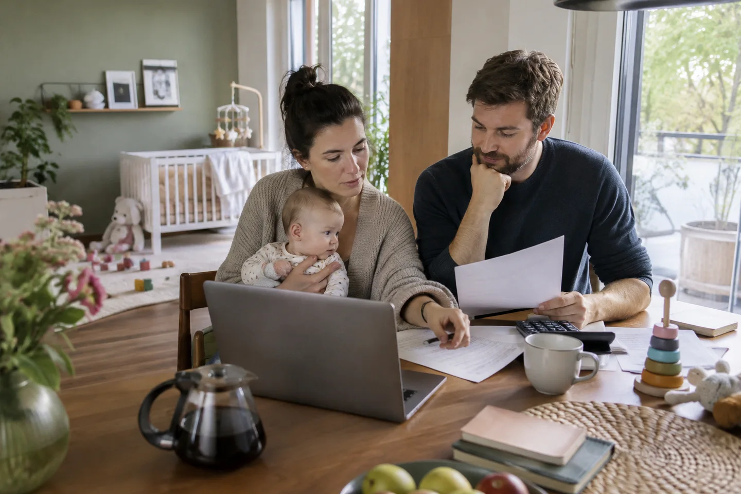 Baufinanzierung in der Elternzeit – Eltern besprechen Unterlagen für ihr Hausbudget. Wie finanzieren Sie ein Haus während der Elternzeit? Elterngeld, Teilzeit und Betreuungskosten verändern das verfügbare Monatsbudget. Baufinanzierung in der Elternzeit: Eltern besprechen Unterlagen für ihr Hausbudget.