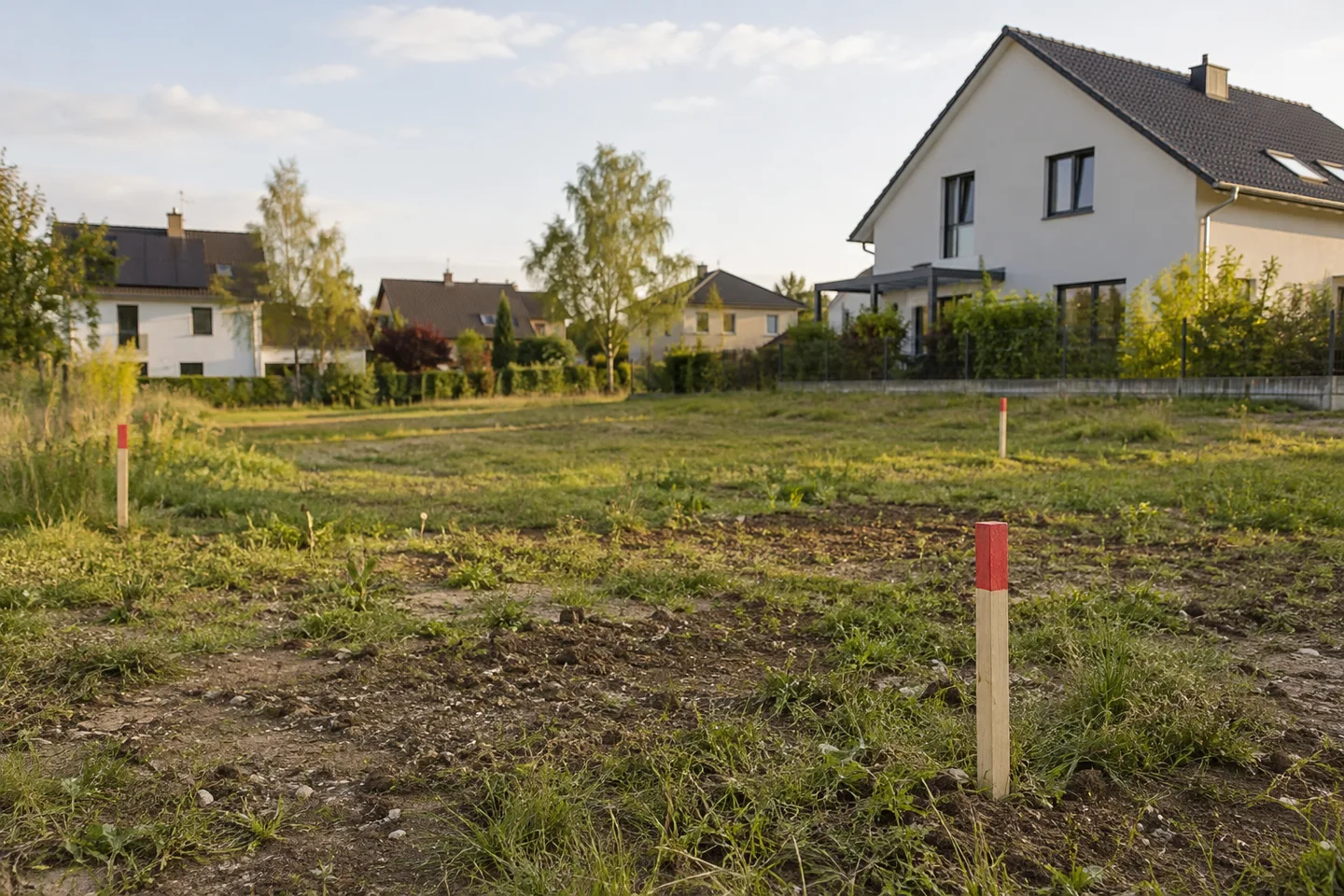 Baufinanzierung bei Erbpacht – Ein unbebautes Grundstück liegt am Rand eines Wohngebiets. Hauskauf auf einem Erbbaugrundstück: Erbbauzins, Restlaufzeit des Vertrags und Zustimmung des Grundstückseigentümers bei der Finanzierung. Baufinanzierung bei Erbpacht: Ein unbebautes Grundstück liegt am Rand eines Wohngebiets.