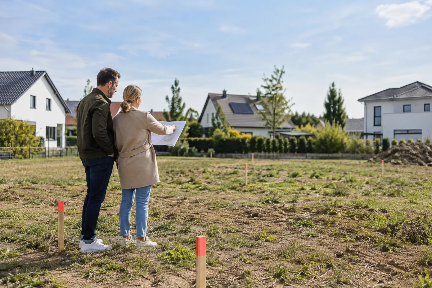 Baufinanzierung für ein Grundstück – Ein unbebautes Grundstück liegt am Rand eines Wohngebiets. Ein Grundstück finanzieren: Welche Kosten neben dem Kaufpreis anfallen und wie der spätere Hausbau in die Kreditplanung passt. Baufinanzierung für ein Grundstück: Ein unbebautes Grundstück liegt am Rand eines Wohngebiets.