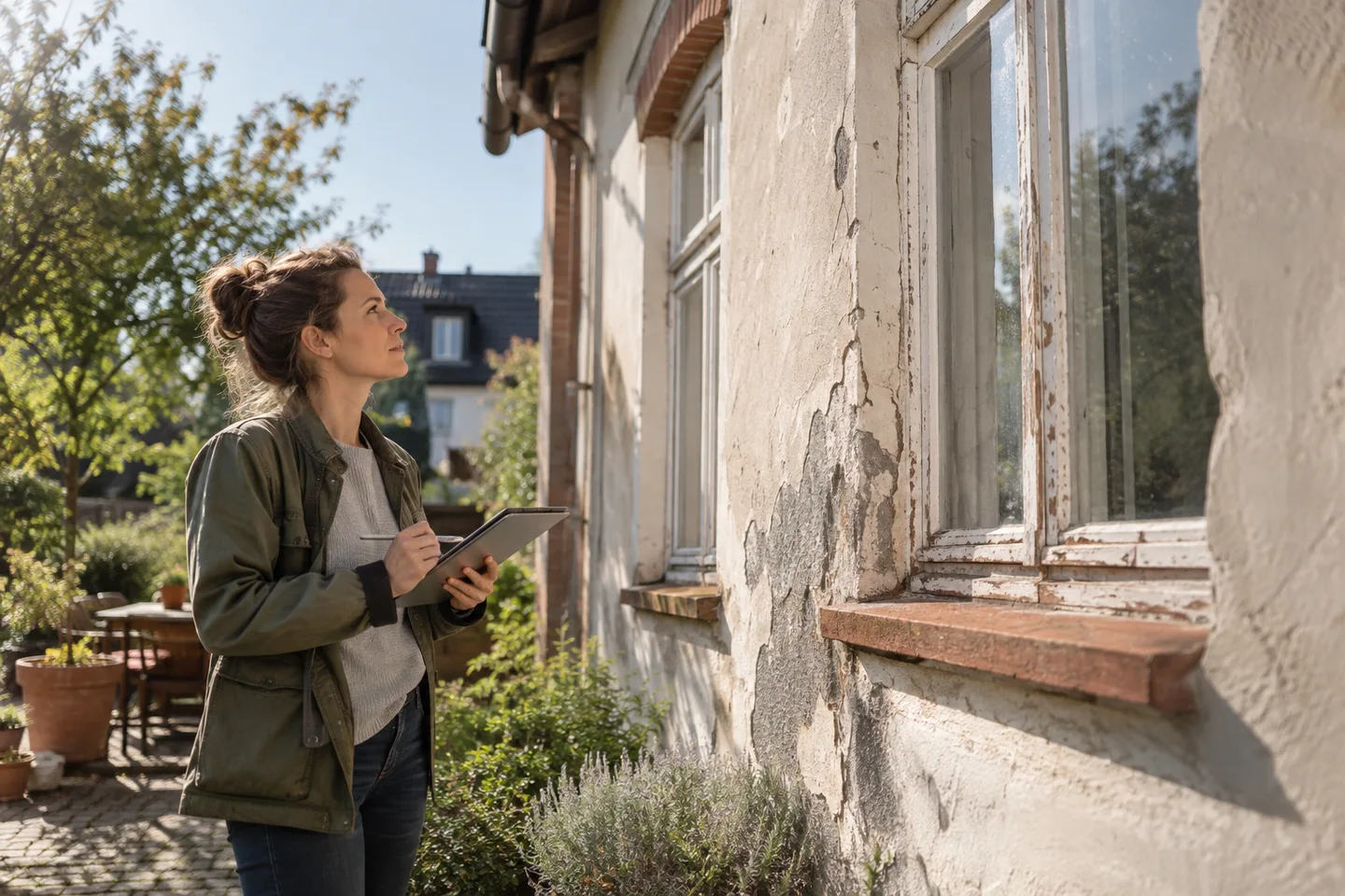 Baufinanzierung für Kauf und Renovierung – Eine Energieberaterin prüft Fassade und Fenster eines älteren Wohnhauses. Hauskauf und Renovierung zusammen finanzieren: Welche Arbeiten in den Kreditantrag gehören und wann die Bank die Mittel auszahlt. Baufinanzierung für Kauf und Renovierung: Eine Energieberaterin prüft Fassade und Fenster eines älteren Wohnhauses.