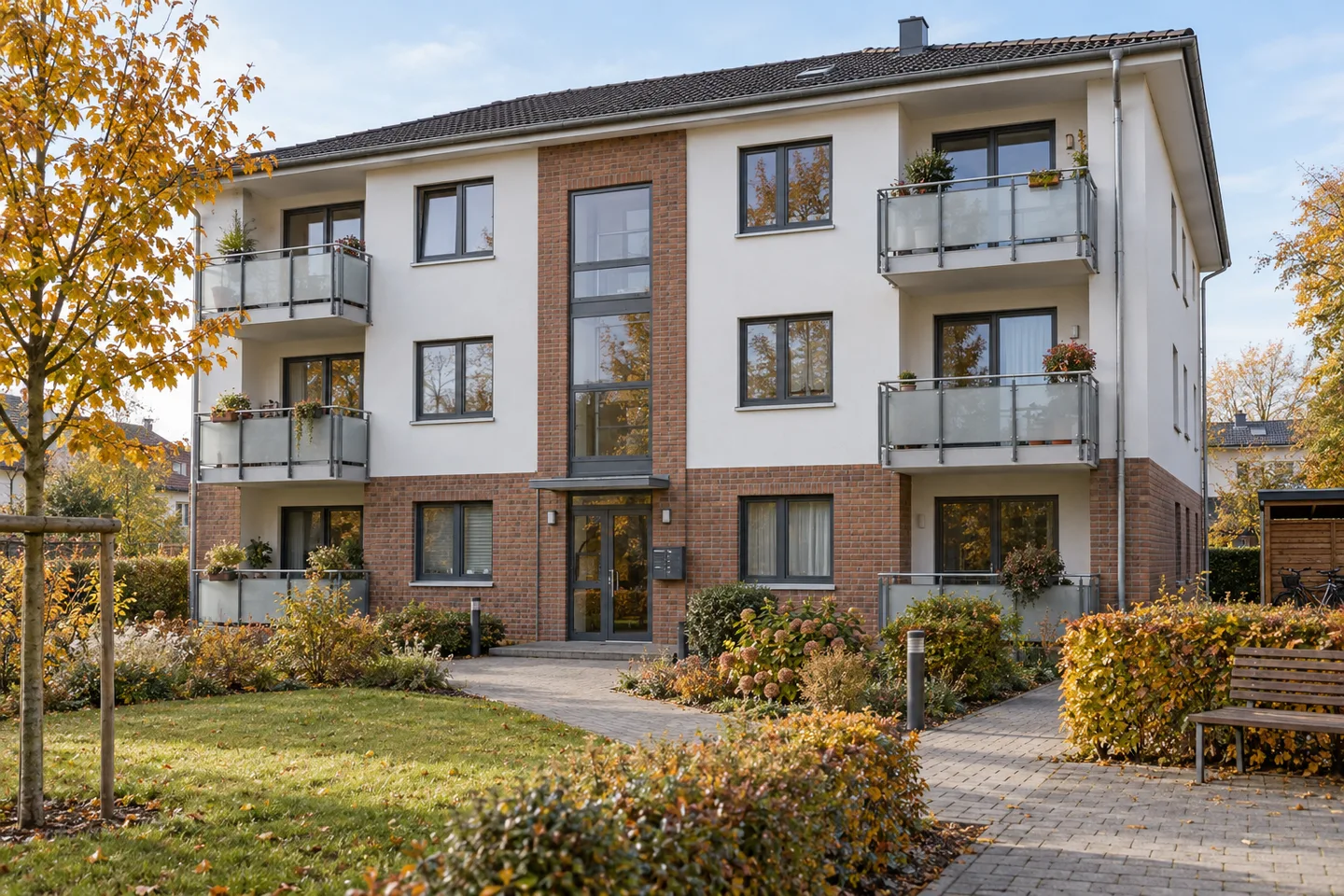 Baufinanzierung für ein Mehrfamilienhaus – Ein Mehrfamilienhaus mit Balkonen und gepflegtem Innenhof. Ein Mehrfamilienhaus finanzieren: Mieteinnahmen, nicht umlagefähige Kosten, Leerstand und Reparaturrücklagen in der Kreditrechnung. Baufinanzierung für ein Mehrfamilienhaus: Ein Mehrfamilienhaus mit Balkonen und gepflegtem Innenhof.