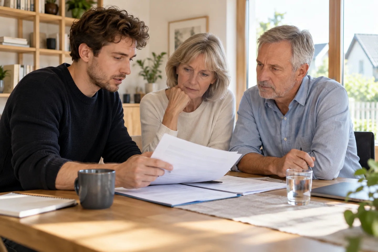 Baufinanzierung mit Bürgen – Eine Familie bespricht die finanzielle Verantwortung bei einer Bürgschaft. Hilft ein Bürge bei der Baufinanzierung? Umfang der Haftung und Unterschiede zu einem Mitdarlehensnehmer oder Miteigentümer. Baufinanzierung mit Bürgen: Eine Familie bespricht die finanzielle Verantwortung bei einer Bürgschaft.