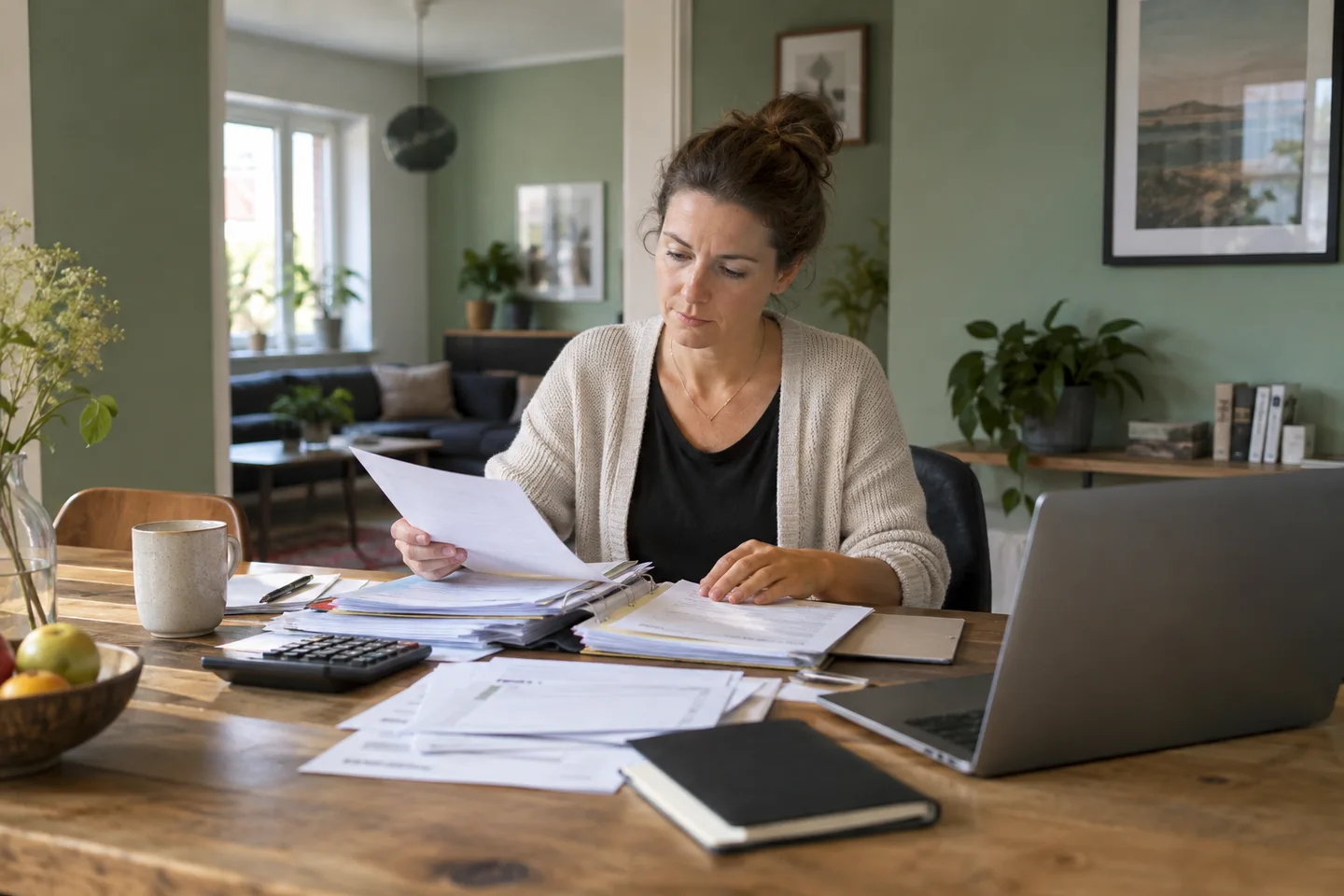 Baufinanzierung nach Privatinsolvenz – Eine Frau ordnet ihre Finanzunterlagen für einen schuldenfreien Neustart. Wann kommt ein Hauskauf nach einer Privatinsolvenz infrage? Restschuldbefreiung, Schufa-Daten und ein neues Finanzierungsbudget. Baufinanzierung nach Privatinsolvenz: Eine Frau ordnet ihre Finanzunterlagen für einen schuldenfreien Neustart.