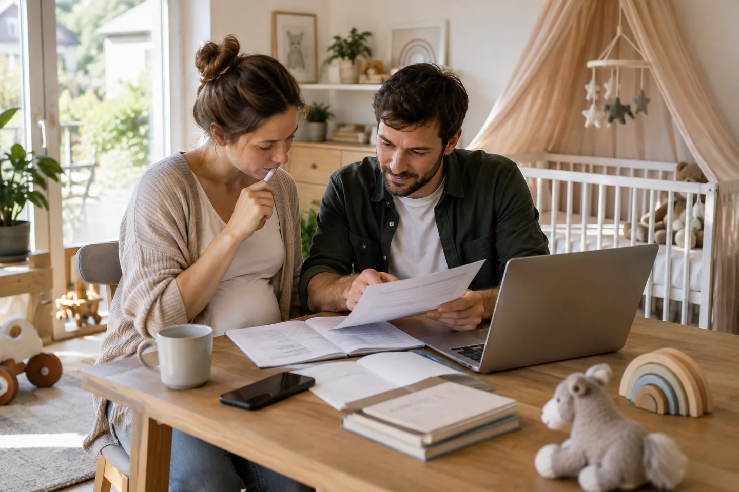 Baufinanzierung bei Schwangerschaft und Kinderwunsch – Eltern besprechen Unterlagen für ihr Hausbudget. Hauskauf vor der Geburt: Welche Kreditrate bleibt mit Elterngeld oder Teilzeit bezahlbar? Budgetplanung bei Schwangerschaft und Kinderwunsch. Baufinanzierung bei Schwangerschaft und Kinderwunsch: Eltern besprechen Unterlagen für ihr Hausbudget.
