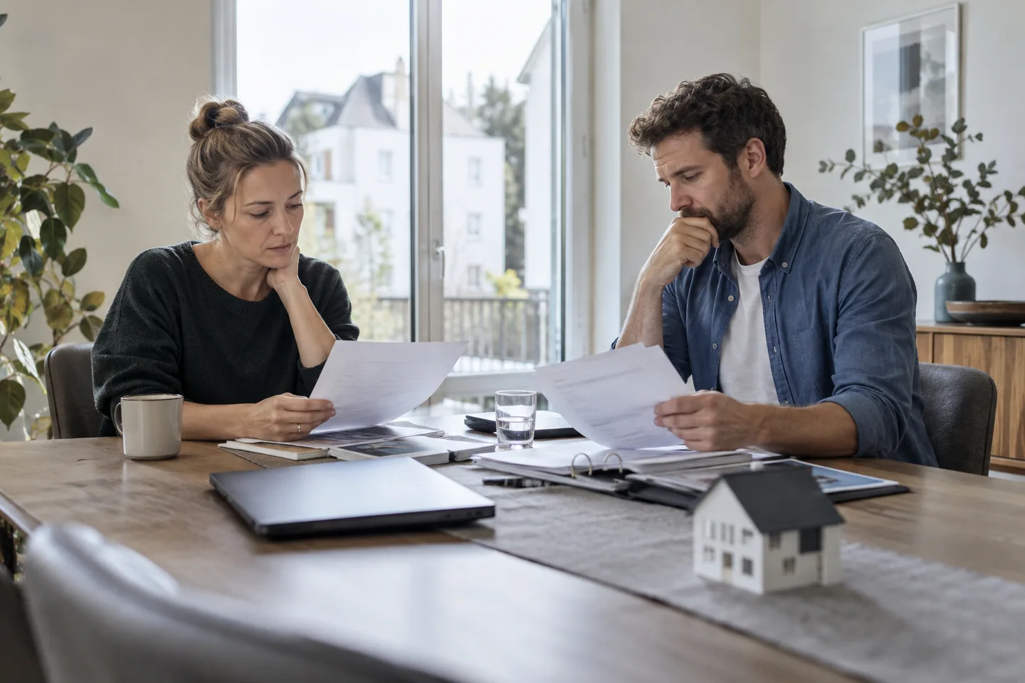 Baufinanzierung bei Trennung – Zwei Personen besprechen Immobilienunterlagen am Tisch. Was passiert mit dem Hauskredit bei einer Trennung? Laufende Raten, Übernahme durch einen Partner, Vermietung und Verkauf im Vergleich. Baufinanzierung bei Trennung: Zwei Personen besprechen Immobilienunterlagen am Tisch.