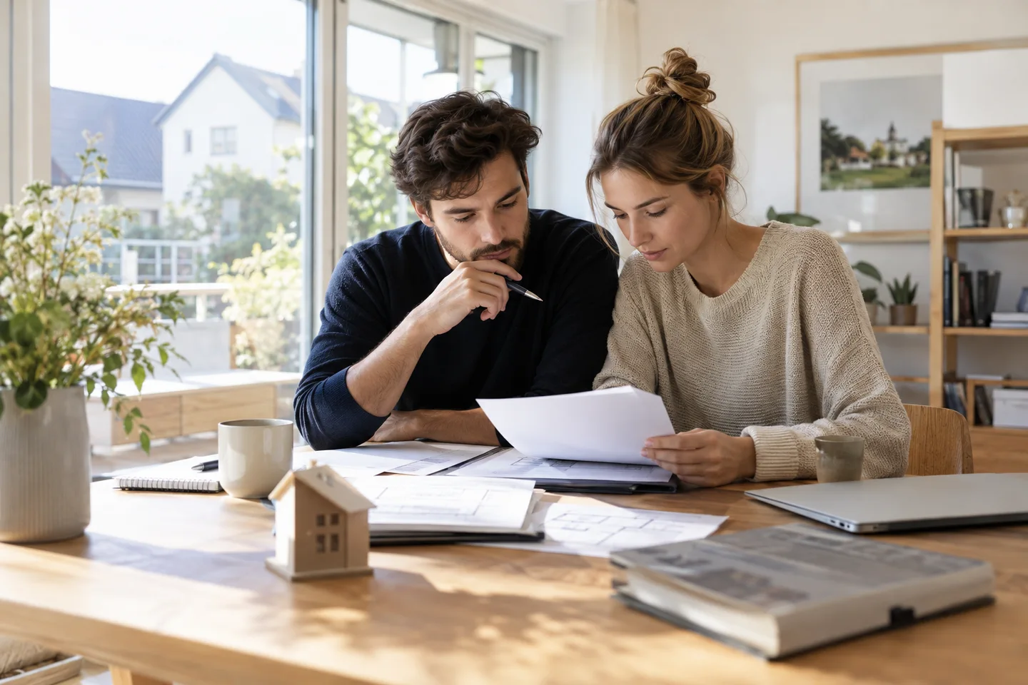 Baufinanzierung unverheiratet – Ein Paar bespricht Unterlagen für den gemeinsamen Immobilienkauf. Unverheiratet gemeinsam ein Haus kaufen: Eigentumsanteile, Eigenkapital und Haftung sollten vor dem Kreditabschluss geregelt sein. Baufinanzierung unverheiratet: Ein Paar bespricht Unterlagen für den gemeinsamen Immobilienkauf.