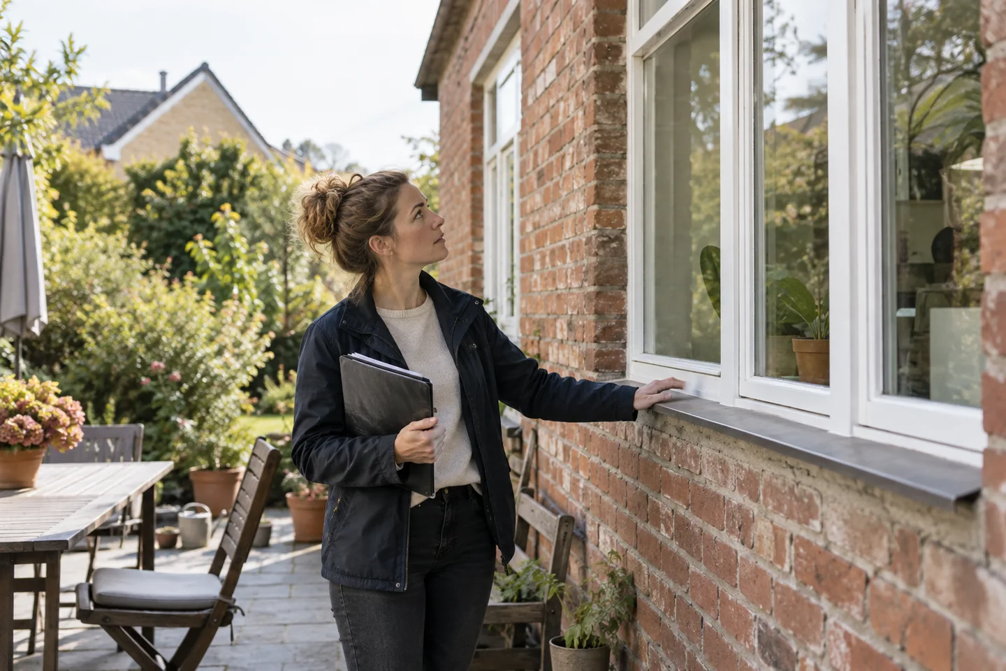 KfW 261: Eine Energieberaterin prüft Fassade und Fenster eines älteren Wohnhauses.