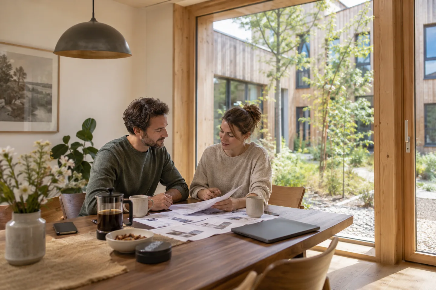 KfW 297: Ein neuer Holzbau mit gut gedämmter Fassade und begrüntem Außenbereich.