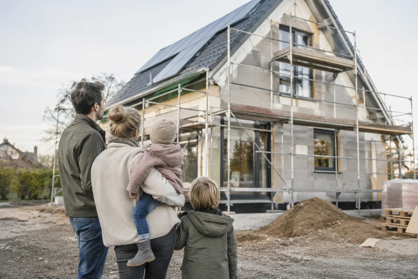 KfW 300 – Eine Familie besichtigt den Rohbau ihres künftigen Hauses. KfW 300 erklärt: Kinder, Einkommensgrenzen, Eigentum, Effizienzhaus 40 und QNG. Kreditbeträge, benötigte Nachweise und Antrag Schritt für Schritt. KfW 300: Eine Familie besichtigt den Rohbau ihres künftigen Hauses.