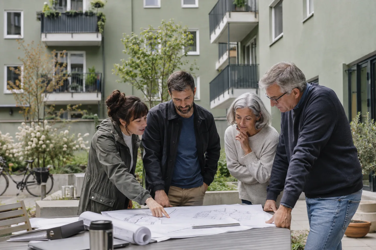 KfW 359: Mehrere Eigentümer besprechen die Sanierung ihres Mehrfamilienhauses.